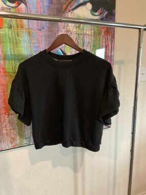 Alice + Olivia Black Puff Sleeve Cropped Sweatshirt Top M NWT